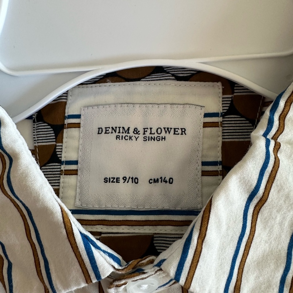 Striped Kids Shirt Gold Brown and Blue with roll up sleeves size 9-10 - Picture 8 of 10